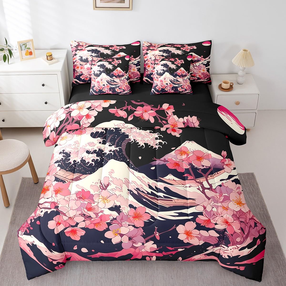 Erosebridal Pink Cherry Blossom Queen Comforter Set 7 Piece,Japanese Style Bedding Set for Girls Women Kids,Ocean Waves Bed Set Mountain Scene Bed in a Bag with Fitted Sheet,Flat Sheet,Pillowcases