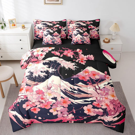 Erosebridal Pink Cherry Blossom Queen Comforter Set 7 Piece,Japanese Style Bedding Set for Girls Women Kids,Ocean Waves Bed Set Mountain Scene Bed in a Bag with Fitted Sheet,Flat Sheet,Pillowcases