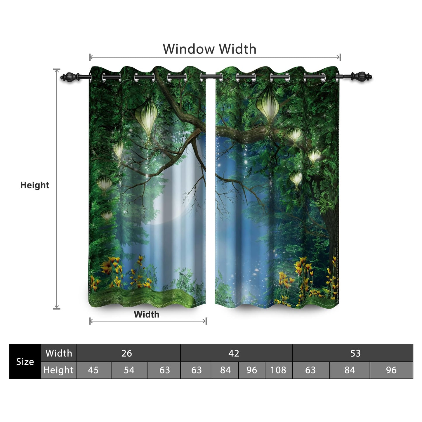 Renaiss Enchanted Forest Blackout Curtains for Bedroom Fairy Tales Magic Tree Full Moon Lanterns Window Curtain Wonderland Window Drapes for Living Room Darkening Curtains 2 Panels Set, 42x63 Inch