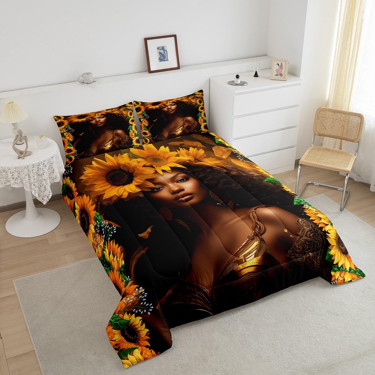 Homewish Black Woman Girls Comforter Set Queen Size,Romantic Sunflower Floral Bedding Set 3Pcs for Kids Teens Boys Adult Room Decor,Africa American Quilt Set Nature Exotic Duvet Insert,2 Pillowcases