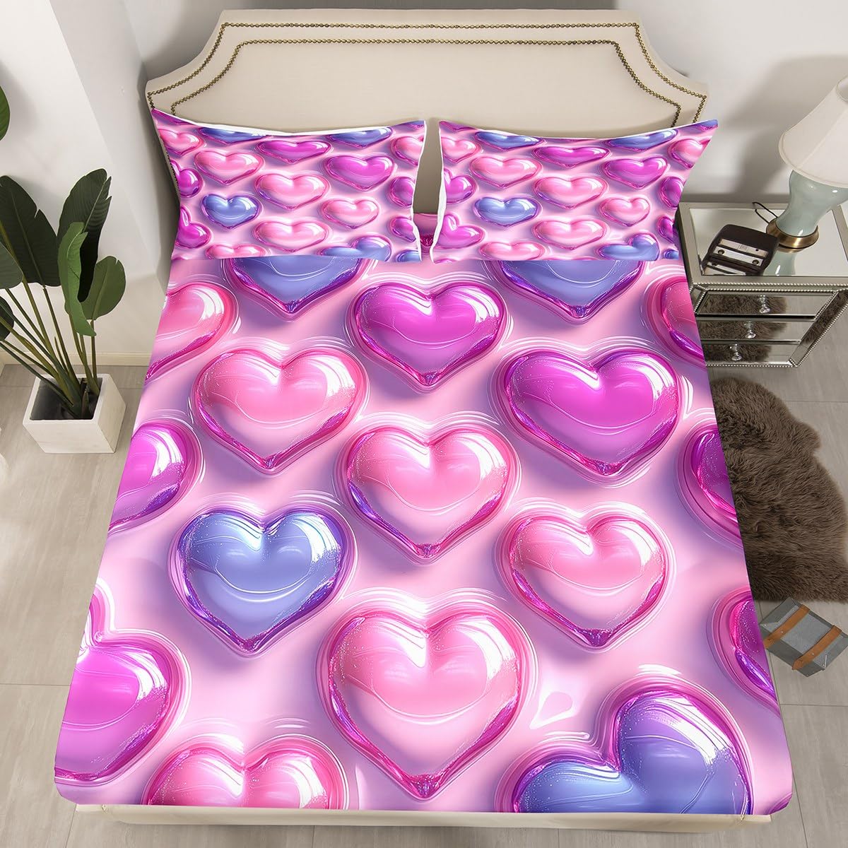 Erosebridal Love Heart Flat Fitted Sheet Full Kawaii Decor Bed Set for Girls, Cute Lovely Bed Sheets Set for Kids Adult Bedroom Decor,Pink Purple Soft Microfiber Bedding Sets with 2 Pillow Cases
