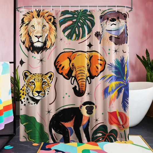 dueeia Animals Shower Curtain Tropical Jungle Wild Leopard Lion Shower Curtains for Kids Bathroom Decor, Waterproof Fabric 70 x 72 inch with Hooks