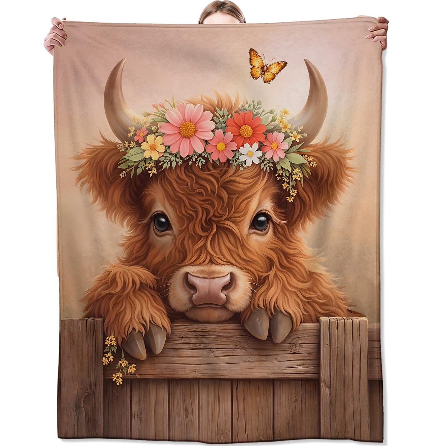 Zeleda Floral Highland Cow Flannel Blanket, Soft Cozy Throw with Flower and Farm Animal, Cute Home Bedroom Decor and Gifts for Women Girls Teens, Lightweight Blankets for All Seasons, 50x60 Inch