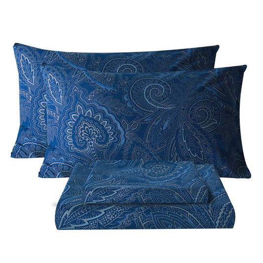 Bedlifes King Sheet Set Ultra Soft, Breathable, Silky Flower Deep Pocket 100% Microfiber Bedding, 4 Piece King Size Paisley Dark Navy Blue