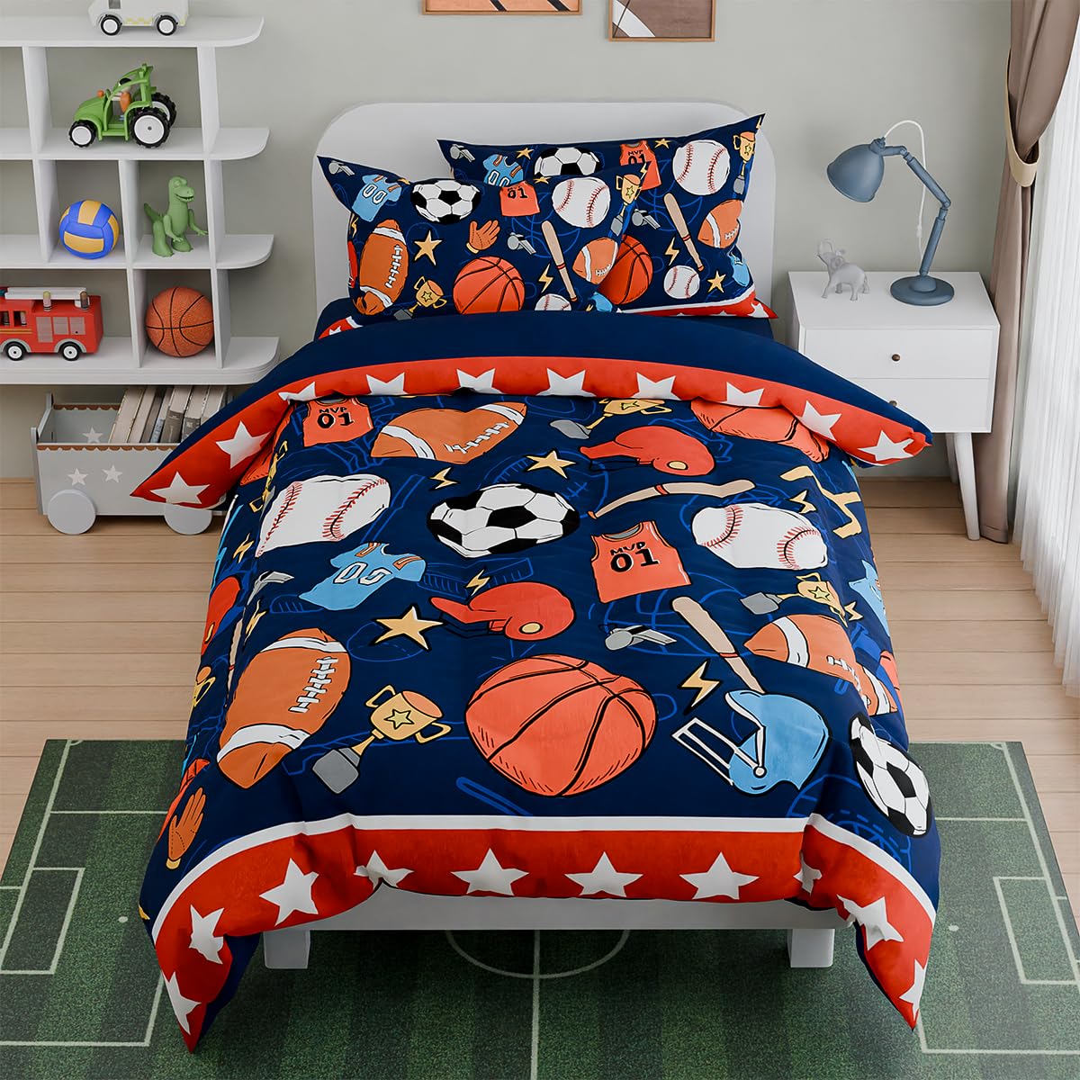 SANDJEST Sports Bedding Sets for Boys, Ultra Soft Microfiber Comforter Bed Set with 3-Pieces, Comforters Sets for Kids Children Boy Bedroom Decor