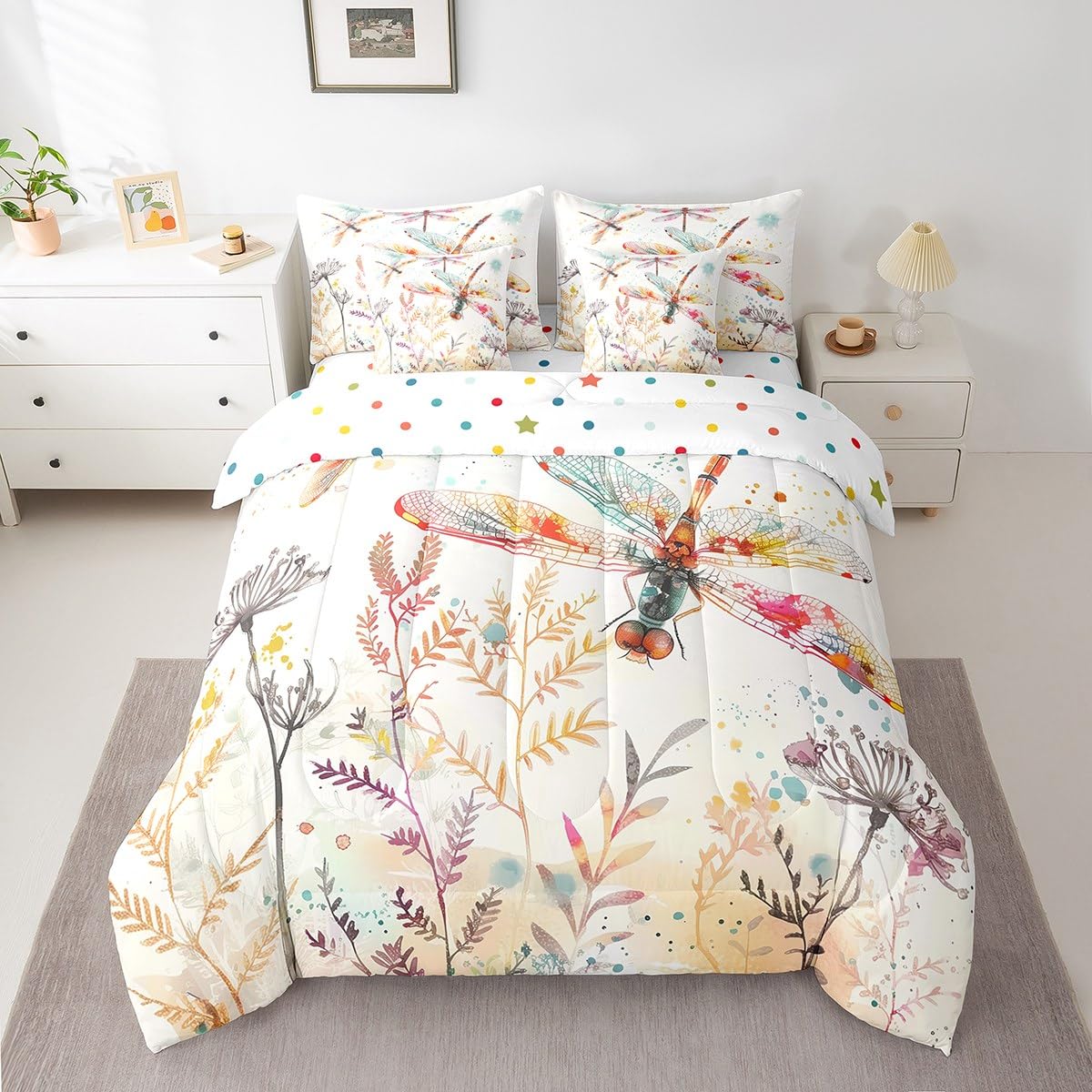 Erosebridal Dragonfly Comforter Set Queen,Wildflowers Floral Bedding Set 7Pcs for Kids Teens Adults,Tie Dye Watercolor Botanical Leaves Bed in a Bag,Aesthetic Wildlife Safari Animal Quilt