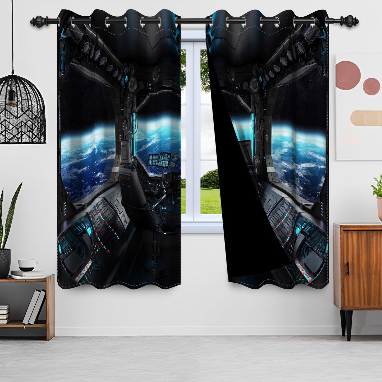 Renaiss Spacecraft Interior Window Curtains Futuristic Spaceship Cockpit Window Treatments Outer Space Earth View Blackout Drapes for Bedroom Living Room French Door Decor 42x84 Inches x 2 Panels