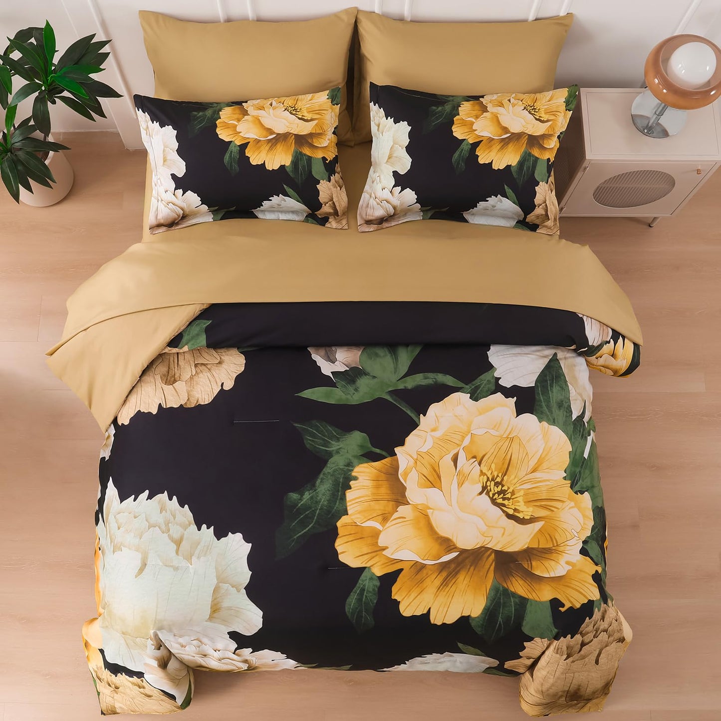 Dobuyly Black Floral Comforter Set Queen 7 Piece Bed in a Bag, Yellow Brown Flower Printed on Black Comforter Set with Sheets, Soft Microfiber Botanical Boho Bedding Set for All Season