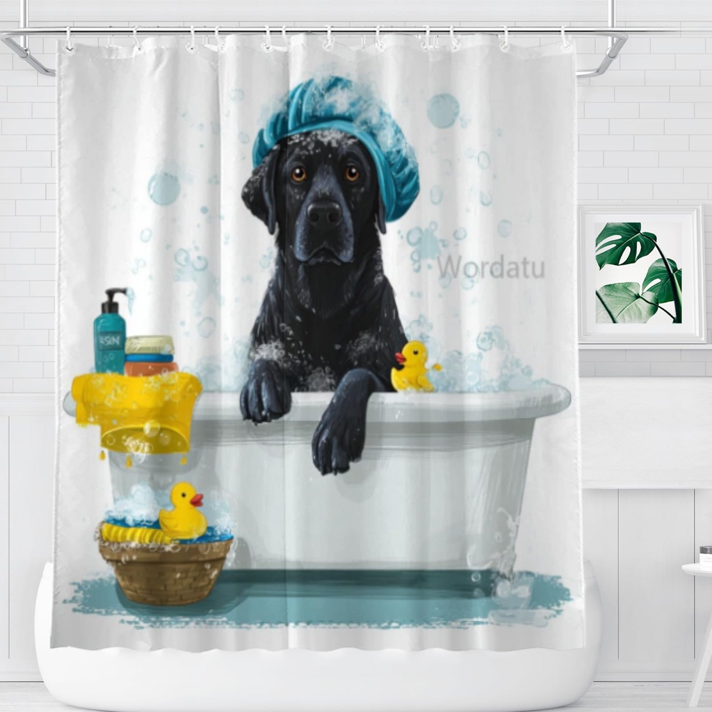 Wordatu Cute Black Labrador Dog Kids Shower Curtain for Bathroom Decor Funny Animal Child Lovely Farmhouse Pet Footprint Fabric Waterproof Polyester 12 Hooks 72x72 Inches