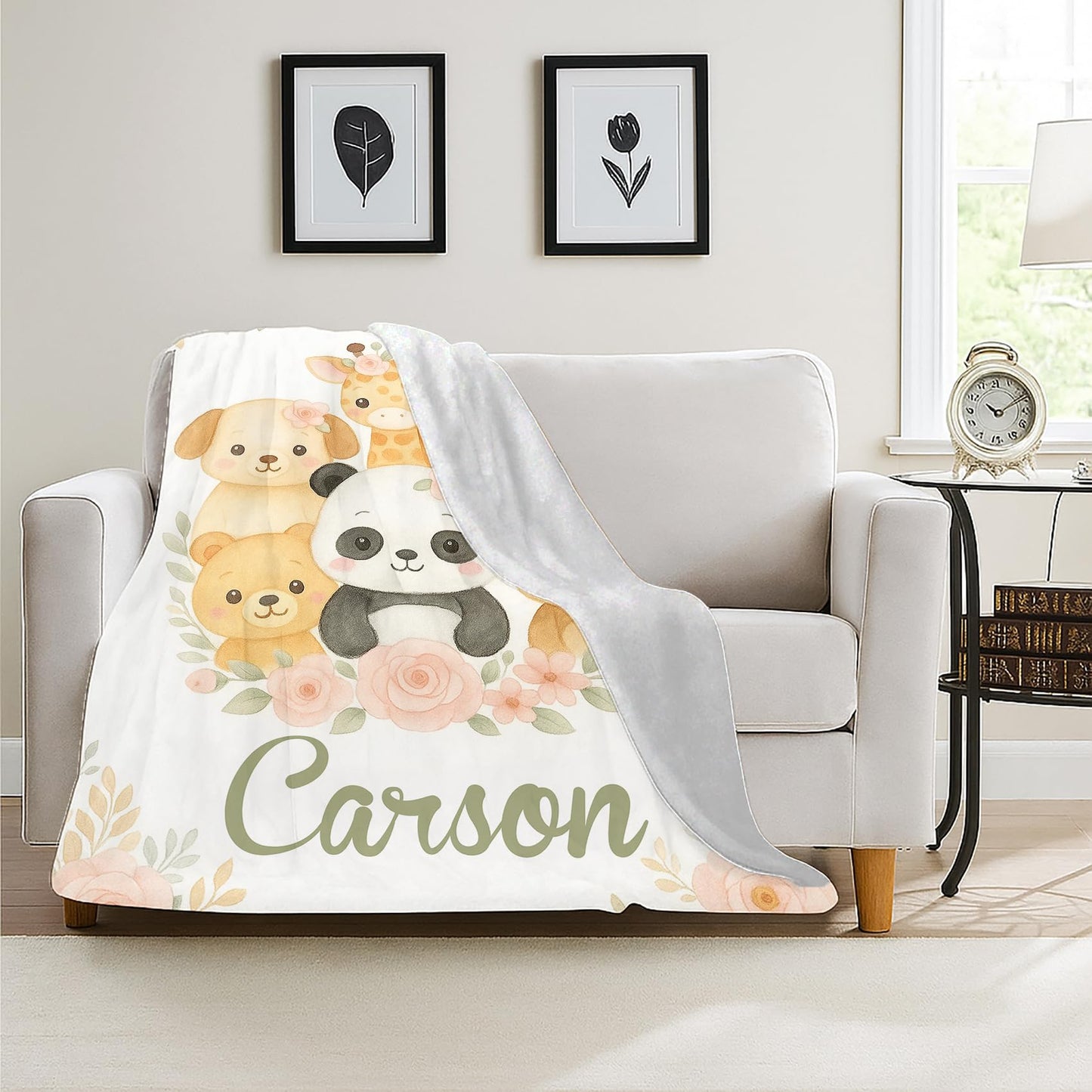 Pink Floral Panda Custom Baby Blanket with Name, Personalized Blankets for Boys Girls, Soft Fleece Throw Blankets for Sofa Couch Bed, Teens Kids Birthday Christmas Personalized Gifts