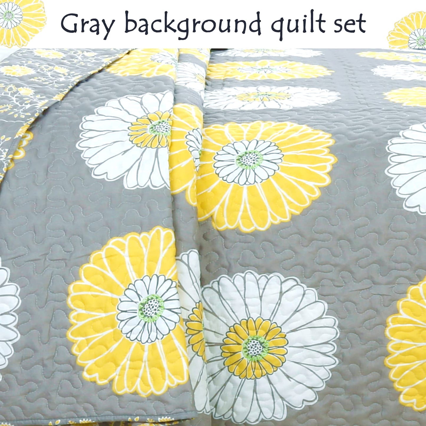 Cozy Line Home Fashions Yellow White Gray Daisy Sunflower Floral Reversible Quilt Bedding Set, Bedspread, Coverlet Lightweight for All Seasons (Sunflower, King - 3 Piece)