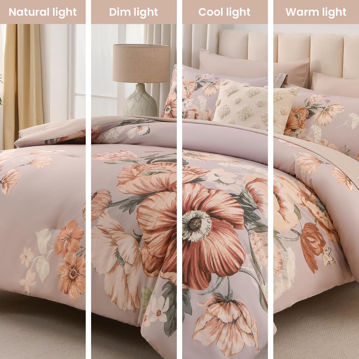 LLDSYW Queen Comforter Set - 7 Pieces Bed in a Bag Khaki Floral Queen Comforter Set with Sheets, Soft Microfiber Flower Complete Bedding Set for All Seasons（Khaki,90"x90"）