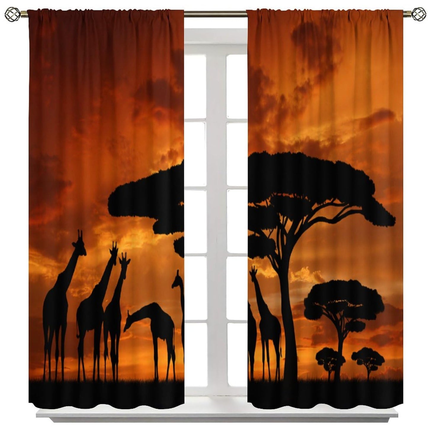 Africa Curtains, Savannah Animal Giraffe and Majestic Tree at Sunrise in Kenya, Living Room Bedroom Rod Pocket Blackout Window Drapes Burnt Orange and Black 42" W X 45" L