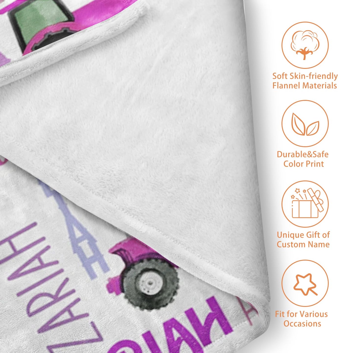 Personalized Tractors Blanket - Custom Name with Farm Tractor Trucks Design - Soft Plush Flannel Bed Blanket for Baby Kid Teen Boys Girls Customized Gifts White & Purple