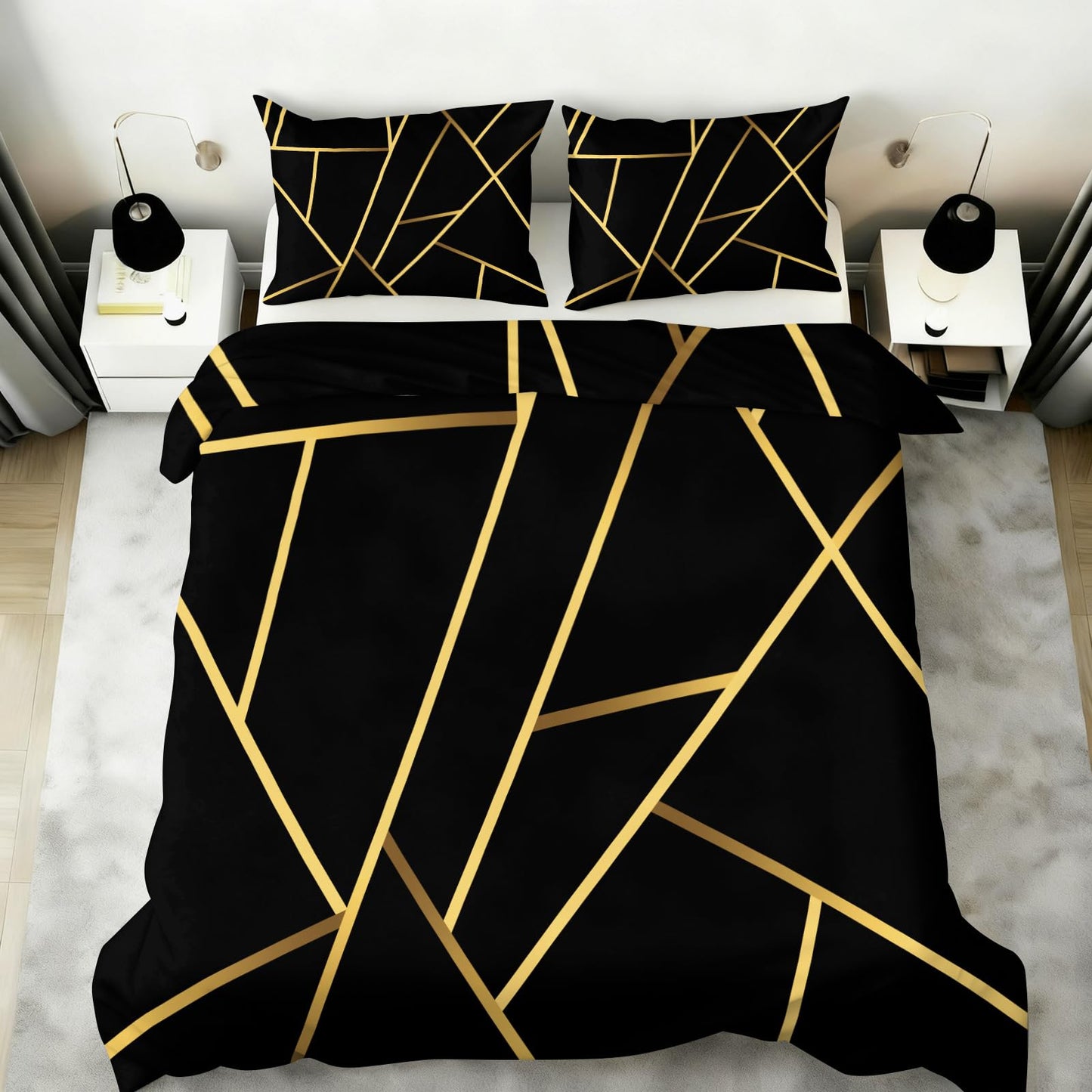 ZAOMIR Geometric Duvet Cover Twin Size, Abstract Modern Geometric Stripes Bedding Set 3 Piece, Black Gold Geometry Lines Patterned Comforter Cover with Zipper Soft Microfiber, 2 Pillowcases