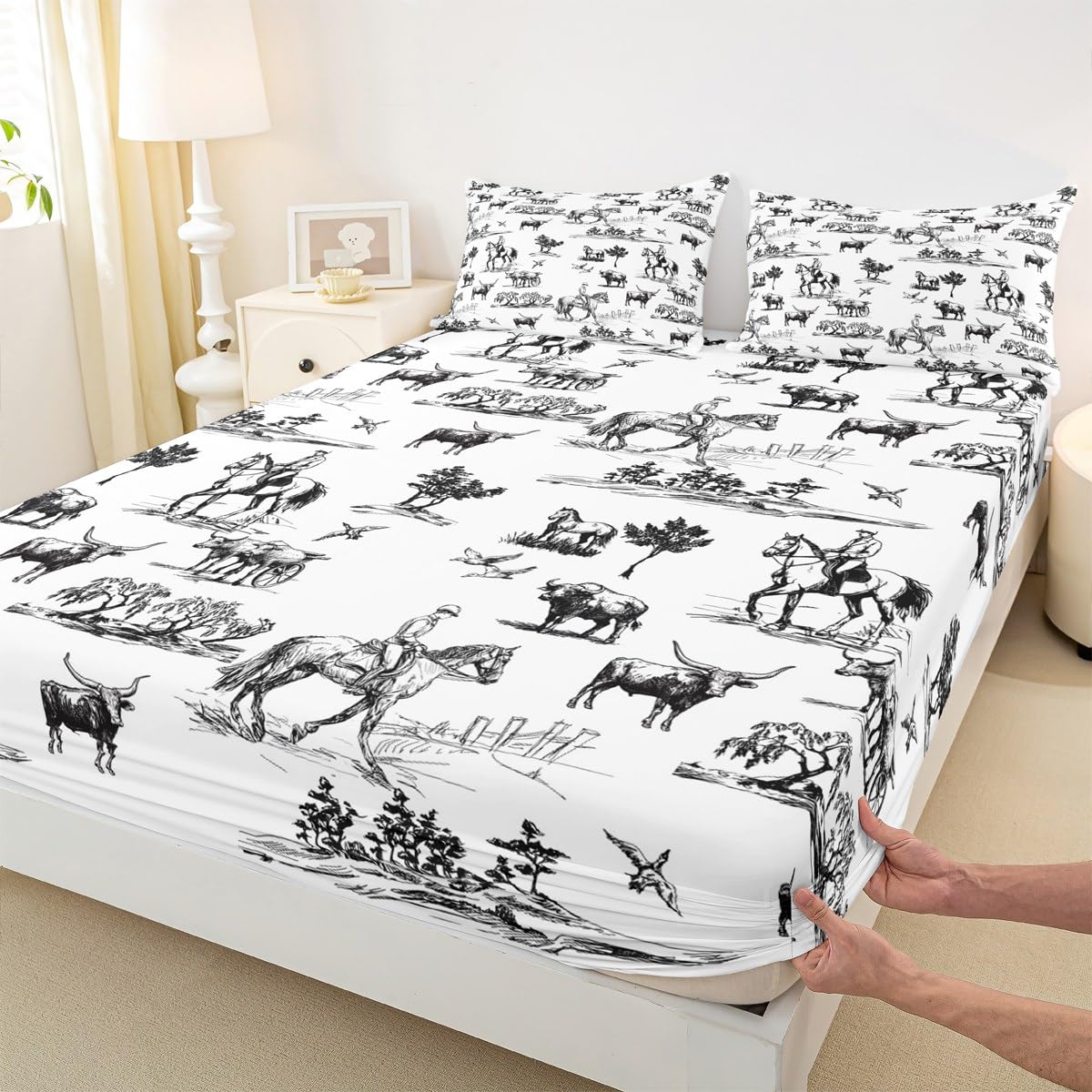 Western Sheet Set Twin Size Sketch Cowboy Cow and Horse Bedding Set 3Pcs Farm Animal Bed Sheet for Kids Boys Girls Adult Room Decor Black White Rustic Farmhouse Fitted + Flat Sheet,1 Pillowcase