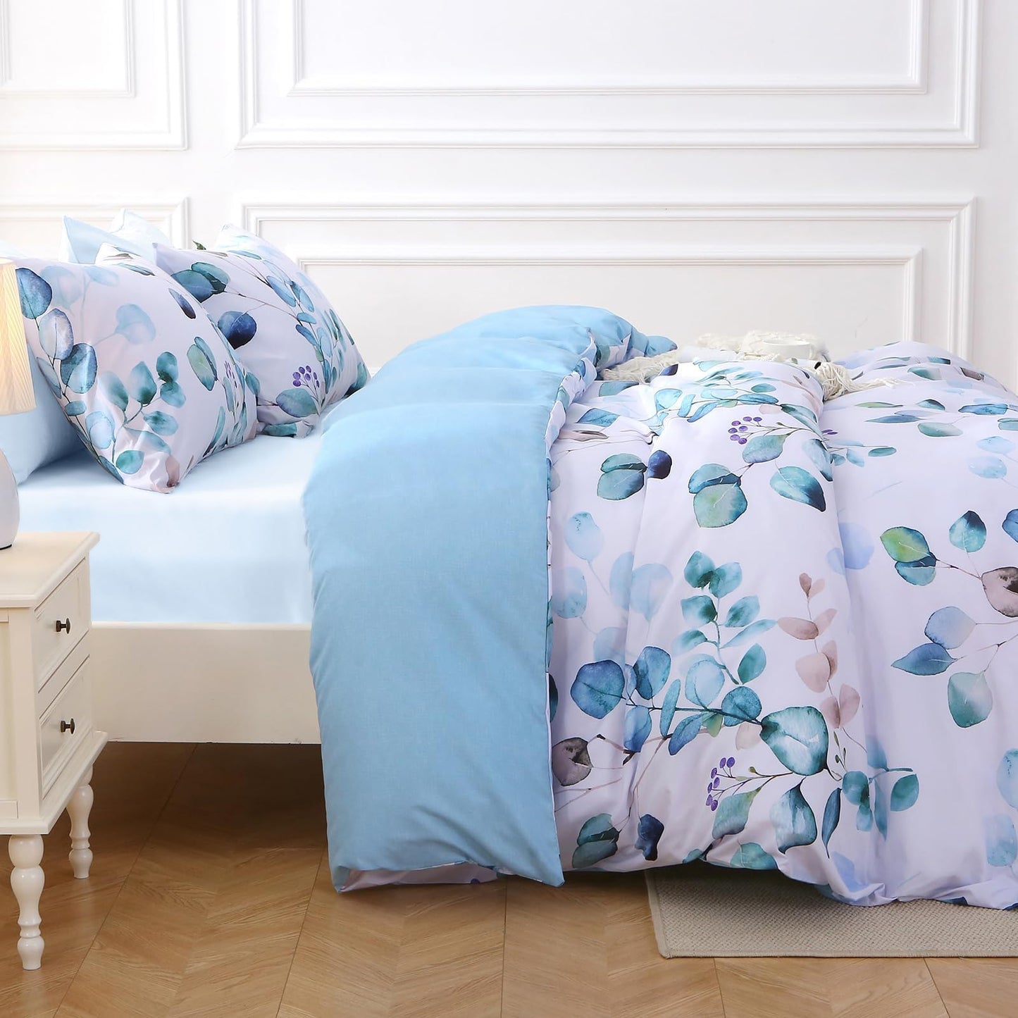 MUXHOMO Bed in a Bag King 7 Pieces, King Comforter Set Reversible Blue Botanical Flowers Design, Ultra Soft & Breathable Bedding Sets with Comforter, Sheets, Pillowcases & Shams