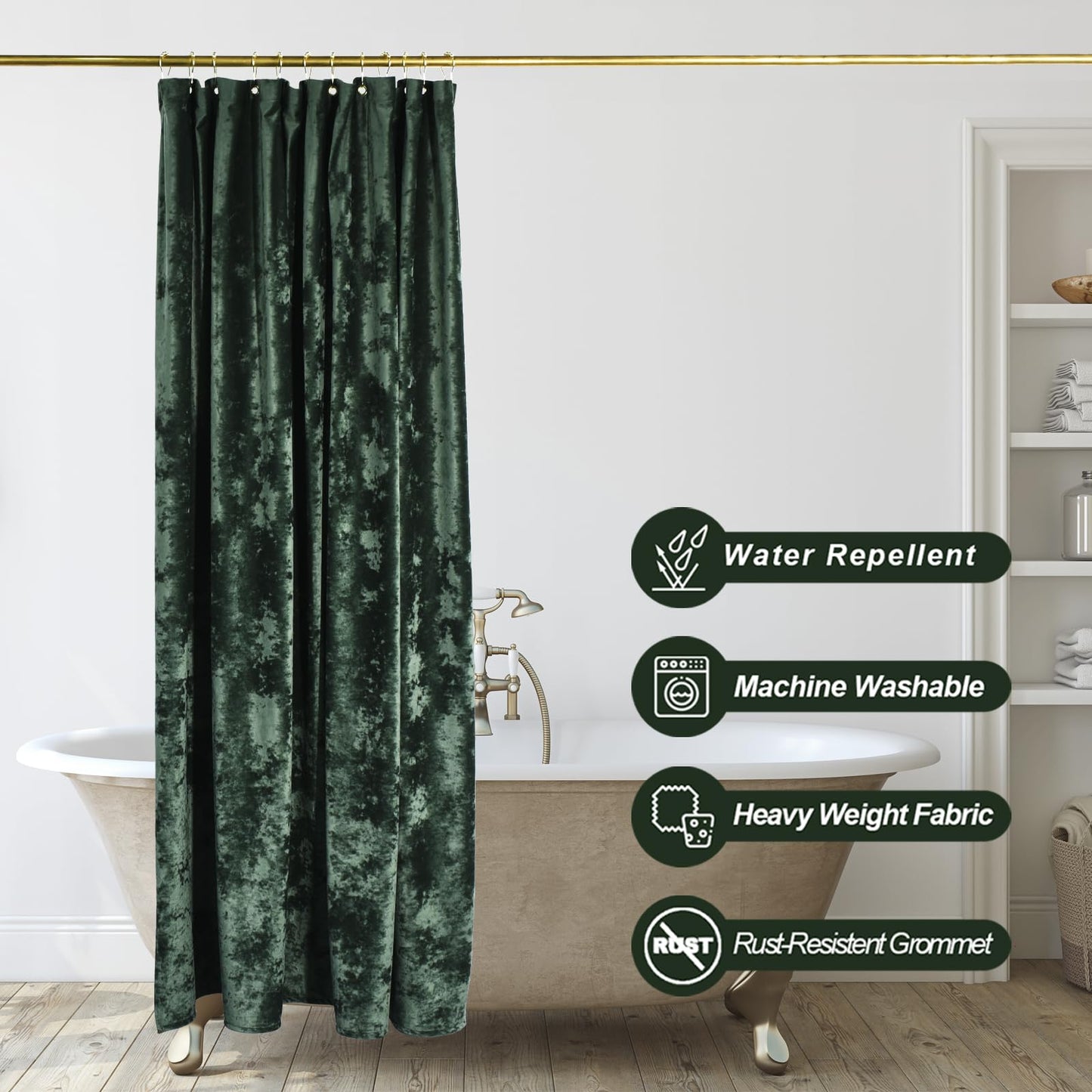 TAMGHO Crushed Velvet Shower Curtain, Dark Green Luxury Shower Curtain with Gold Decro Metal Hooks, Machine Washable Thick Fabric Bathroom Curtain, 72x72