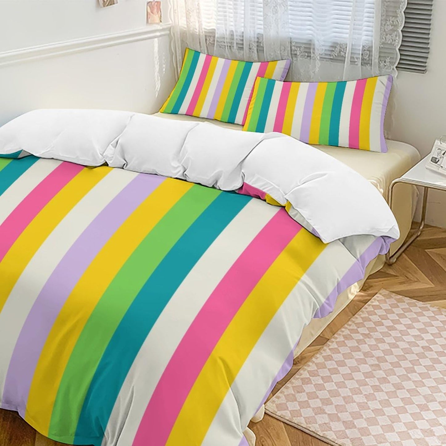 Focusbrite Rainbow Duvet Cover Set, Rainbow Lines Pattern Spectrum of Colors Abstract Art Decorative，Aesthetic Abstract Art Bedding 3 Piece (1 Duvet Cover 86"x70" + 2 Pillow Sham 20"x30")