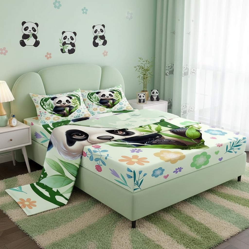 Manfei Kawaii Panda Bed Sheet Set Twin Size,Cute Wild Animal Bamboo Sheet Set,Green Love Heart Flowers Leaves Graffiti Bedding Decor Set with 1 Flat & 1 Fitted Sheet with 1 Pillow Sham