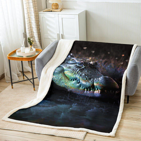 Crocodile Warm Plush Throw Blanket - Alligator Pattern Fleece, Wild Animal Theme Sherpa for Sofa, Couch, Bed - Wildlife Style Decor Microfiber Fuzzy Room Decor 50"x60"
