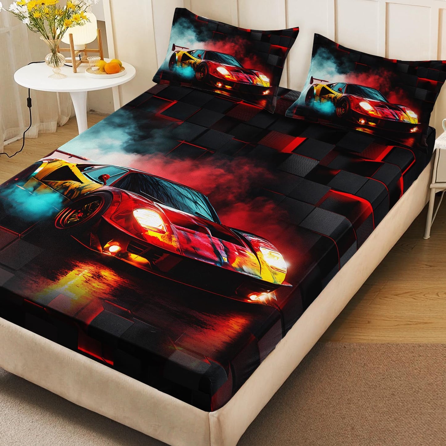 HOSIMA Boys Race Car Fitted Sheet Full,Black Red Geometric Background Pattern Lightweight Cool Extreme Sports Bedding for Kids Men Car Room Decor,1 Fitted Sheet+2 Pillowcases.