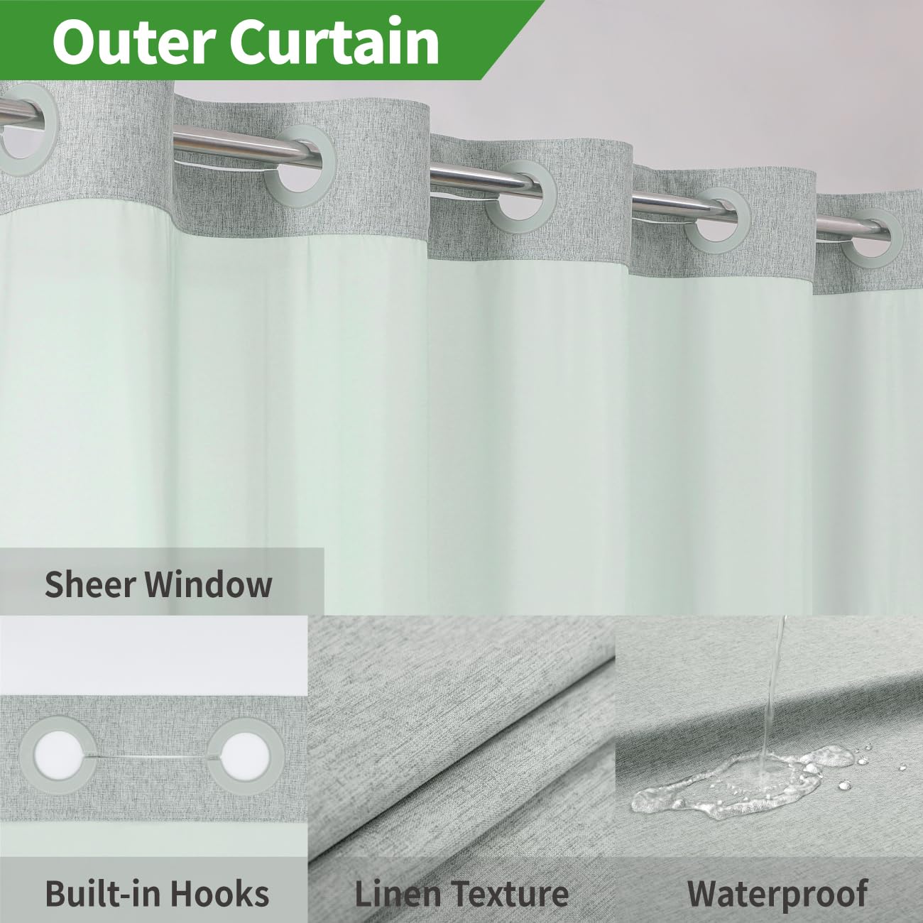 eachope No Hooks Needed Linen Textured Shower Curtain with Snap-in Fabric Liner Set,Sage Green Hotel Luxury Decor Shower Curtains for Bathroom,Water Repellent & Washable,71Wx77H