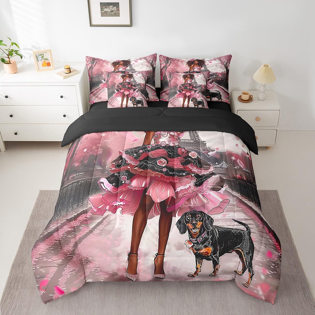 Black Fashion Lady Comforter Set Twin Size,Paris Eiffel Tower Bedding Set for Girls Teens,Romantic Valentine's Day (Comforter+Fitted+Flat Sheet+2 Pillowcases+2 Throw Pillow Covers) 7 Pieces