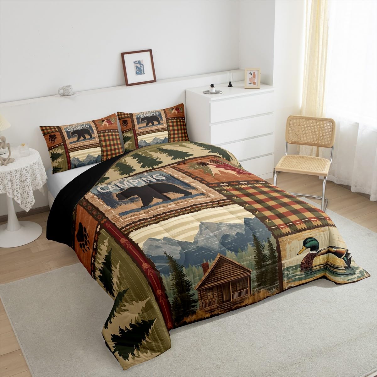 RV Camper Queen Comforter Set,Happy Camping Bedding Set for Teens Youth,Hunting Duck Bear Bedding Comforter Sets Rustic Plaid Woodland Adventure Duvet Insert with 2 Pillow Shams Bedroom Decor