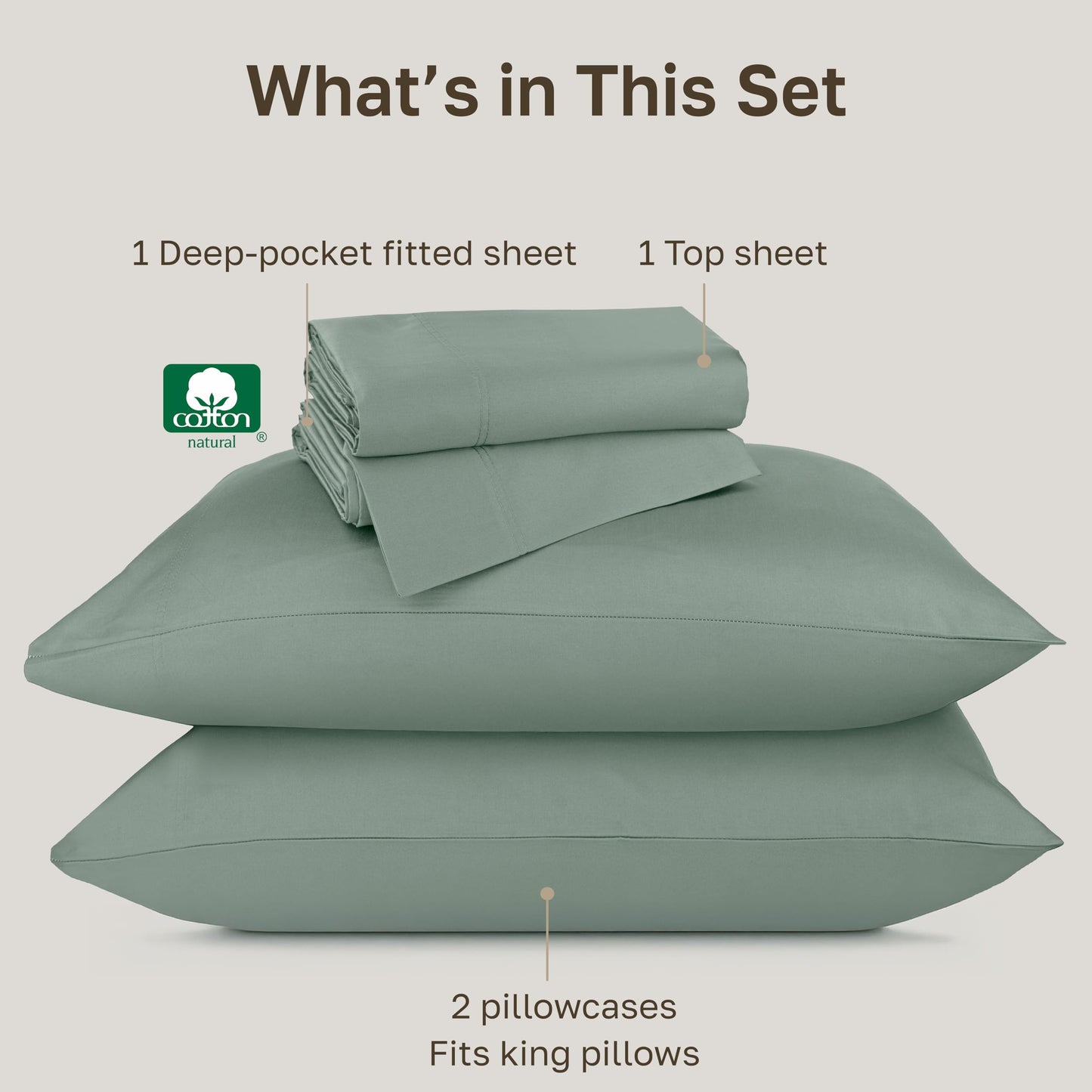California Design Den King Size Sheet Set - Luxury Hotel 800 Thread Count Sateen, Natural 100% Cotton Bedsheets King Size Bed, Deep Pockets with Snug Fit, Durable Bedding Set - Sage Green