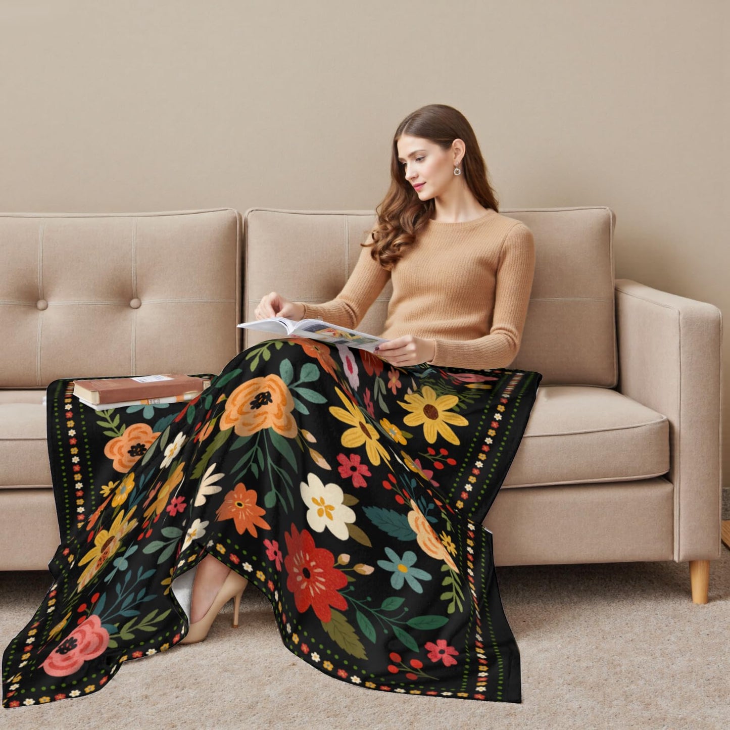Arktrident Boho Floral Throw Blanket Colorful Flower Soft Flannel Bed Blankets Cozy Plush Couch Cover Lightweight Blanket for Bed Chair Sofa 50" X 60"