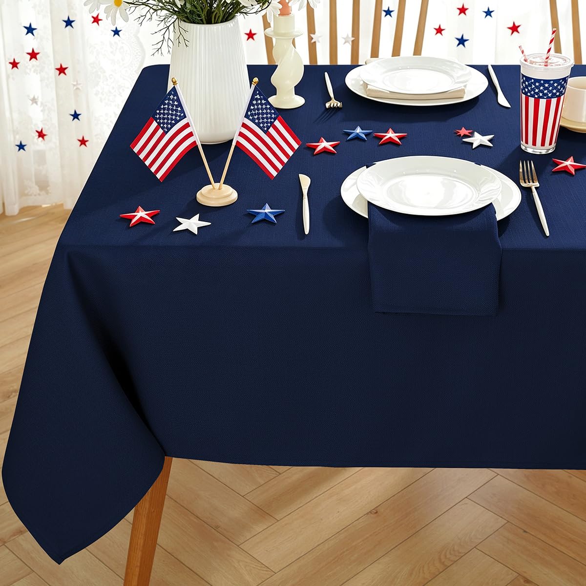 Faux Linen Tablecloth Rectangle Waterproof Washable Natural Textured Fabric Table Cloths, Heavy Weight Table Cover for Dining, Party, Holiday, Indoor, Outdoor (60 x 102 Inch Rectangular, Navy Blue)