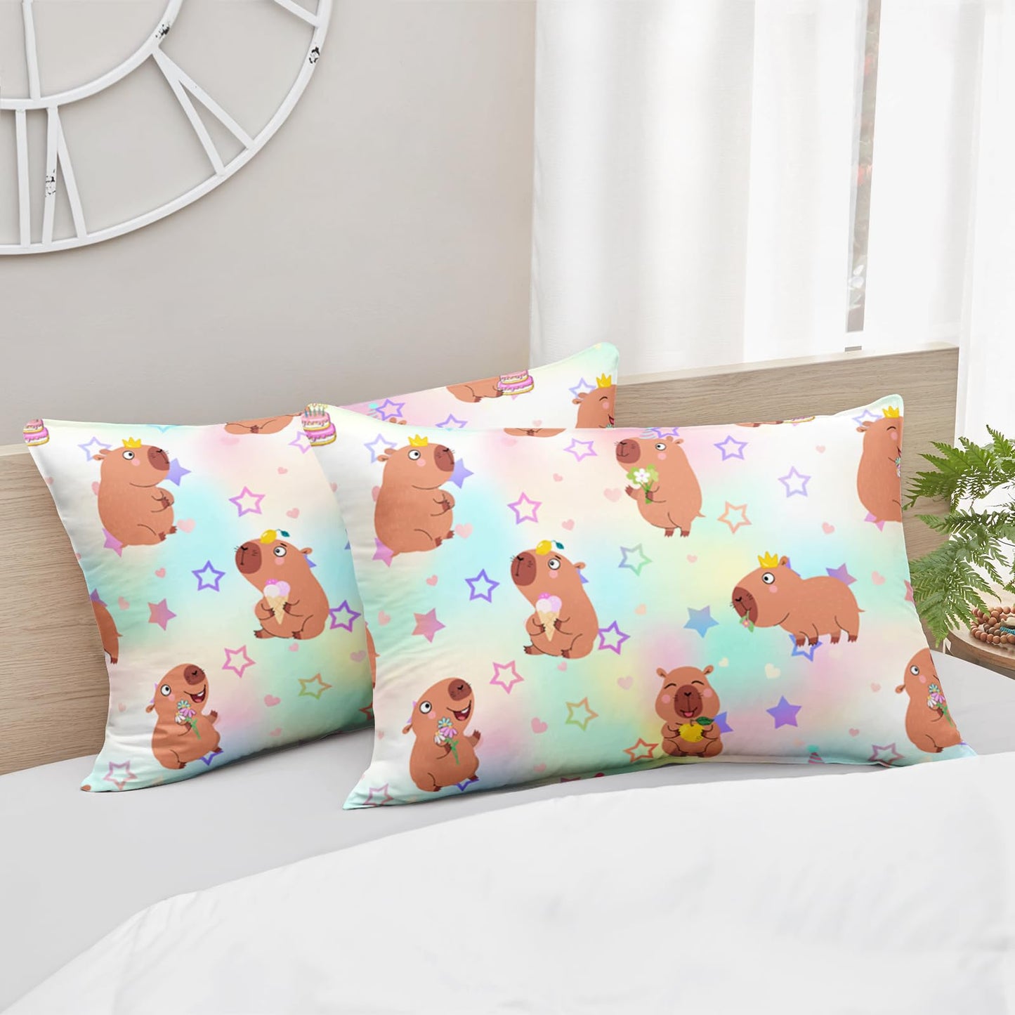 AILONEN Kawaii Capybara Comforter Set Queen Size,Cute Cartoon Capybara Rainbow Bedding Set for Girls Kids,Lovely Animal Star Quilt & 2 Pillowcases-3 Pieces