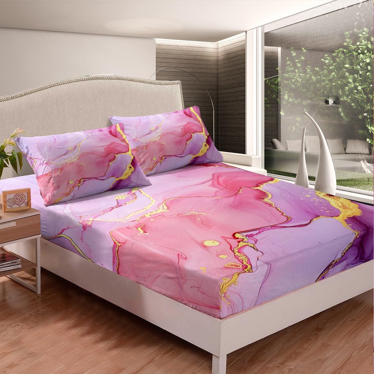 Chic Girly Fitted Sheet Twin, Marble Printed Bedding Sets - Gold Glitter Pink Purple and White Marble Abstract Art Bed Sheets, Soft Microfiber Modern Bedding Decor Set
