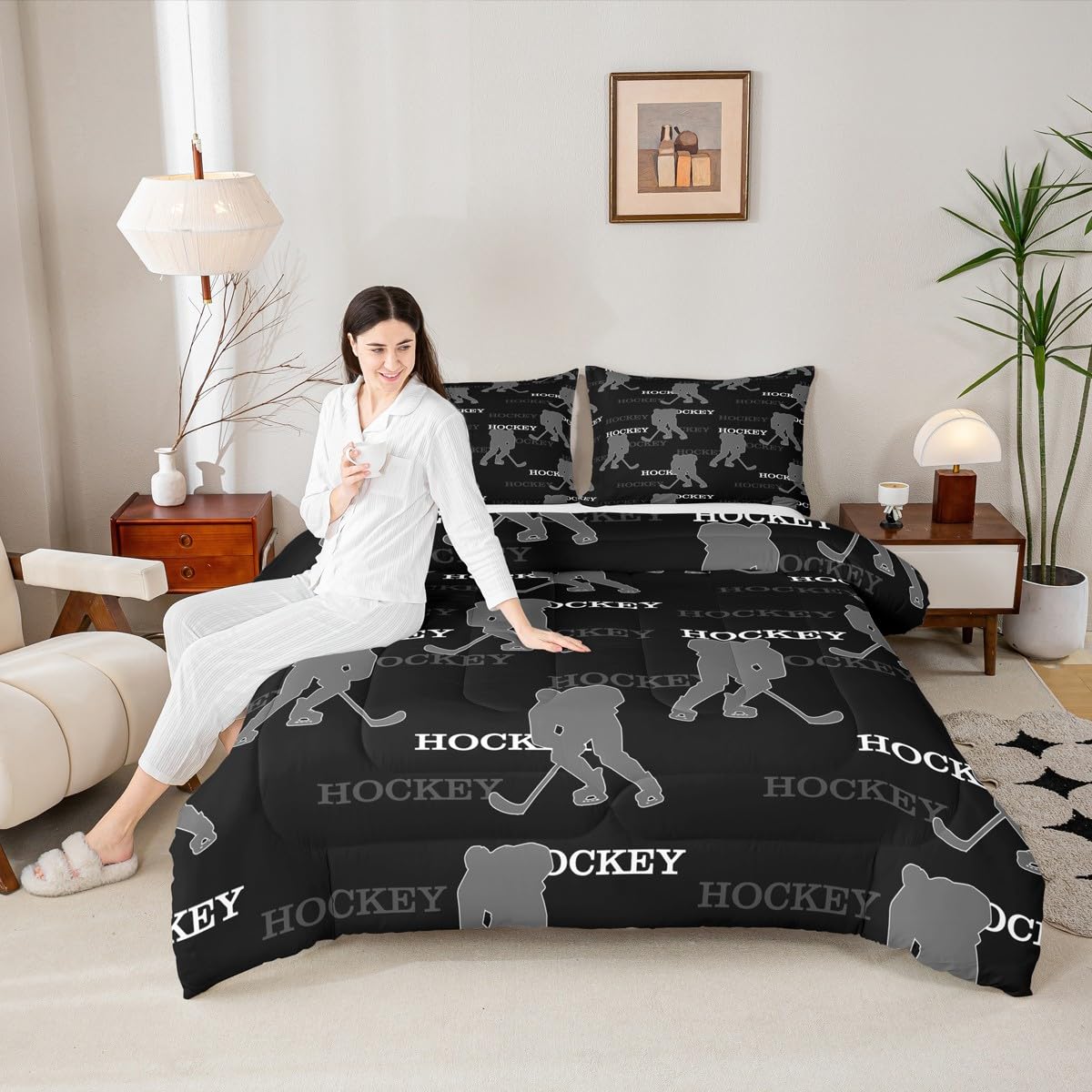 Ice Hockey Kids Bedding Set Queen Size, Comforter Set,Winter Sports Modern Quilt Comforter,Black Gray Bedroom Duvet Insert,2 Pillowcases