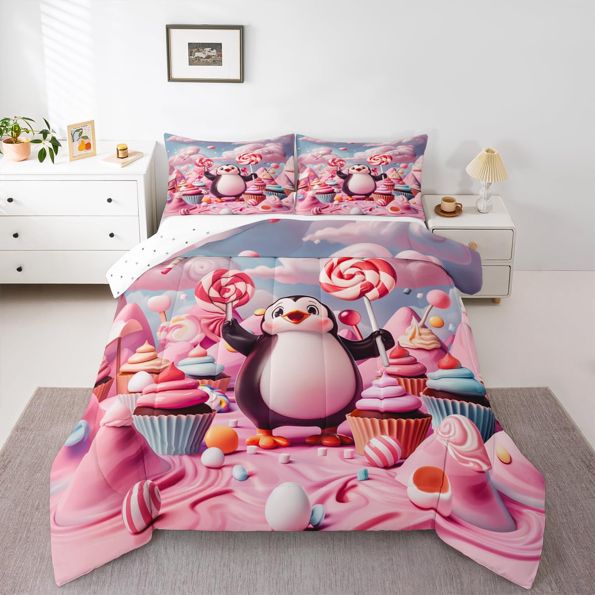 Erosebridal Funny Penguin Bedding Set Queen Antarctic Animal Theme Comforter Set for Kids Boys Girls Cartoon Penguin Down Comforter,Dessert Candy Quilt Duvet