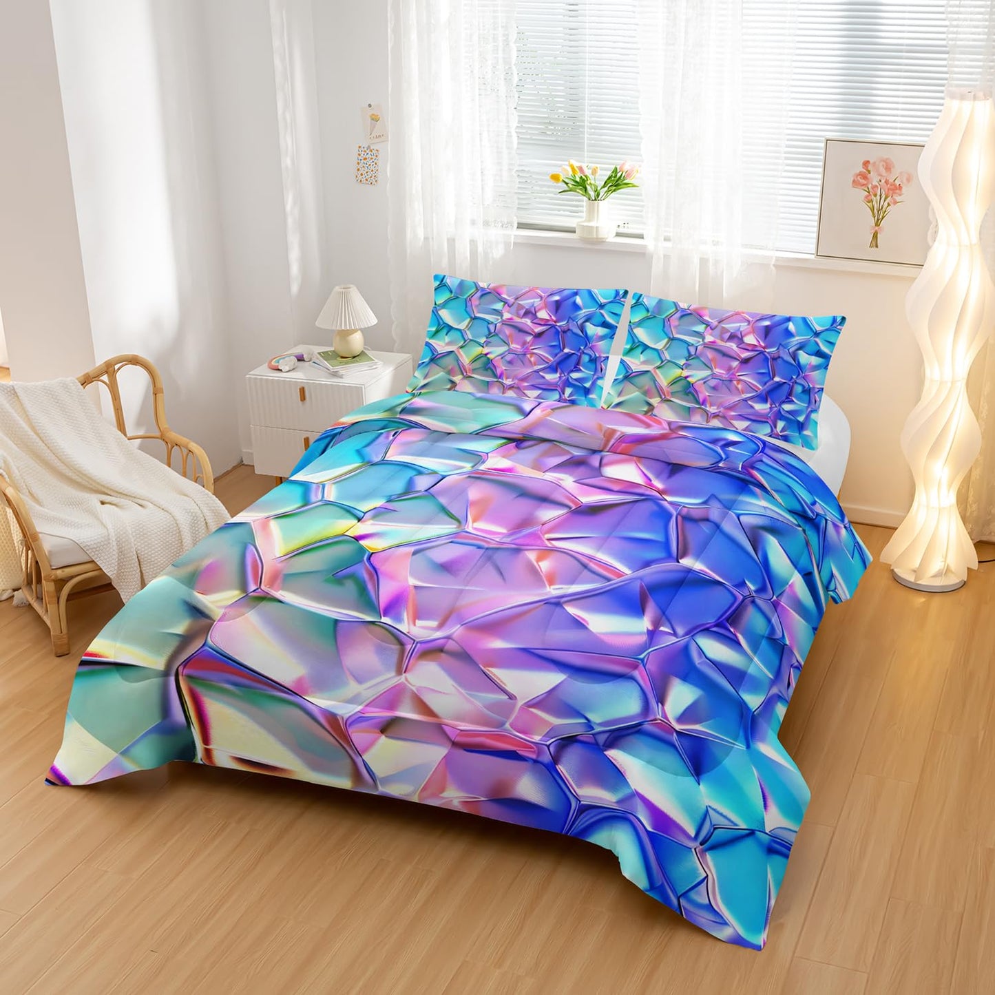 Nttopship Purple and Blue Abstract Art Comforter Modern Abstract Comforter Set,Laser Gradient Bedding Set Full Size,Mordern Art Decor All Season Lightweight Soft Microfiber with 2 Pillow Shams