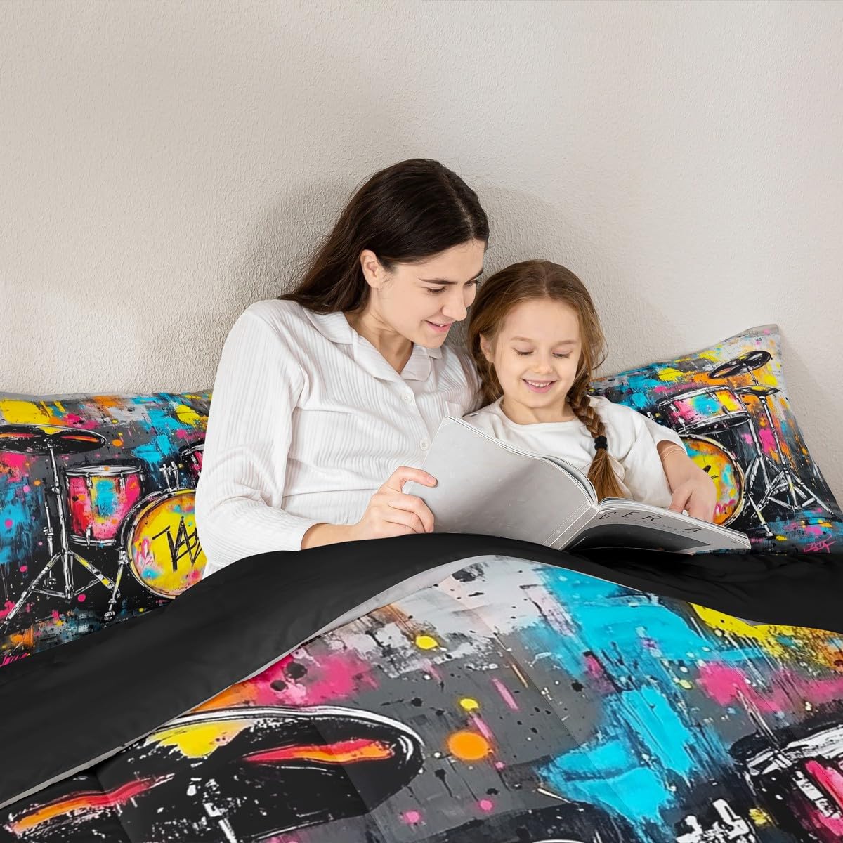 Erosebridal Rock Drum Kit Bedding Set Queen Graffiti Musical Instrument Comforter Set for Kids Boys Girls Music Theme Down Comforter,Rock Music Lovers Quilt Duvet