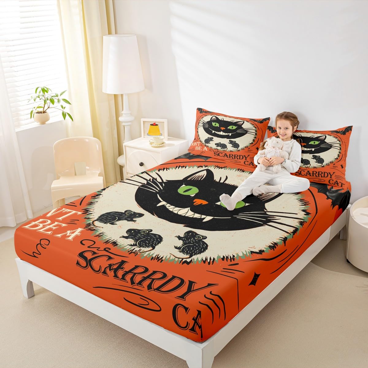 Feelyou Kids Halloween Fitted Sheet Full Size, Horror Decor Bedding Set Black Cat Bed Sheet Set Boys Girls Happy Halloween Teens Bedroom Decor 3Pcs (No TOP Sheet)
