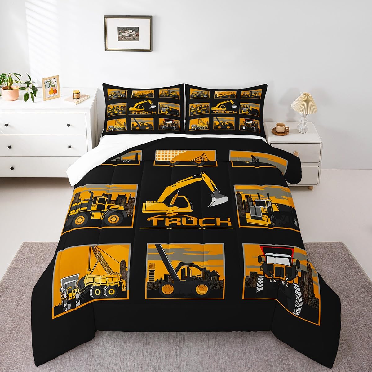 Erosebridal Excavator Comforter Set Queen Tractor Truck Bedding Set Construction Vehicle Down Comforter for Boys Kids Girls Teens Cartoon Heavy Machinery Car Bedding Sets & Collections, Gray Yellow