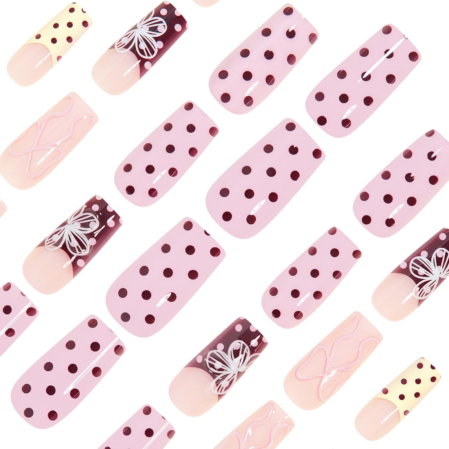 MISUD Press on Nails - Long Square Fake Nails with Pink Yellow, Acrylic Polka Dot Flower Bow Design 24 pcs