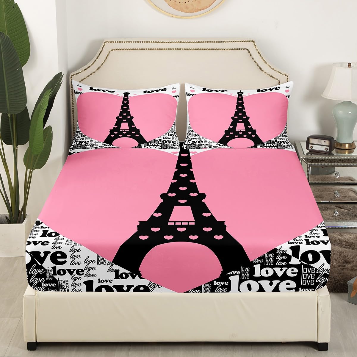 Eiffel Tower Fitted Sheet Full 3 Pcs,French Streets Graffiti Style Sheets Sets Breathable Bedding(No Top Sheet),Romantic Pink Hearts Bed Sheet with Deep Pocket,Modern Fashion Bed Cover