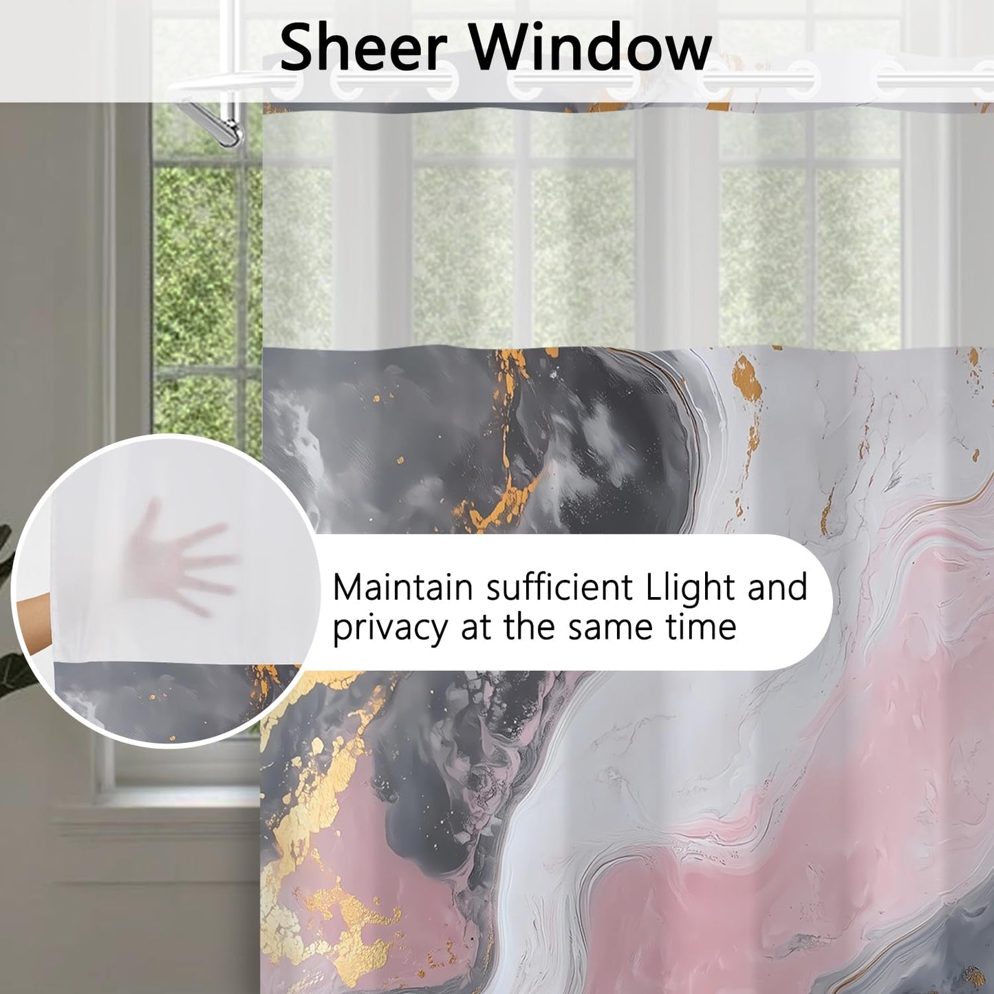 Xiazhilaio No Hook Marble Shower Curtain with Snap in Liner 71x74 Inch