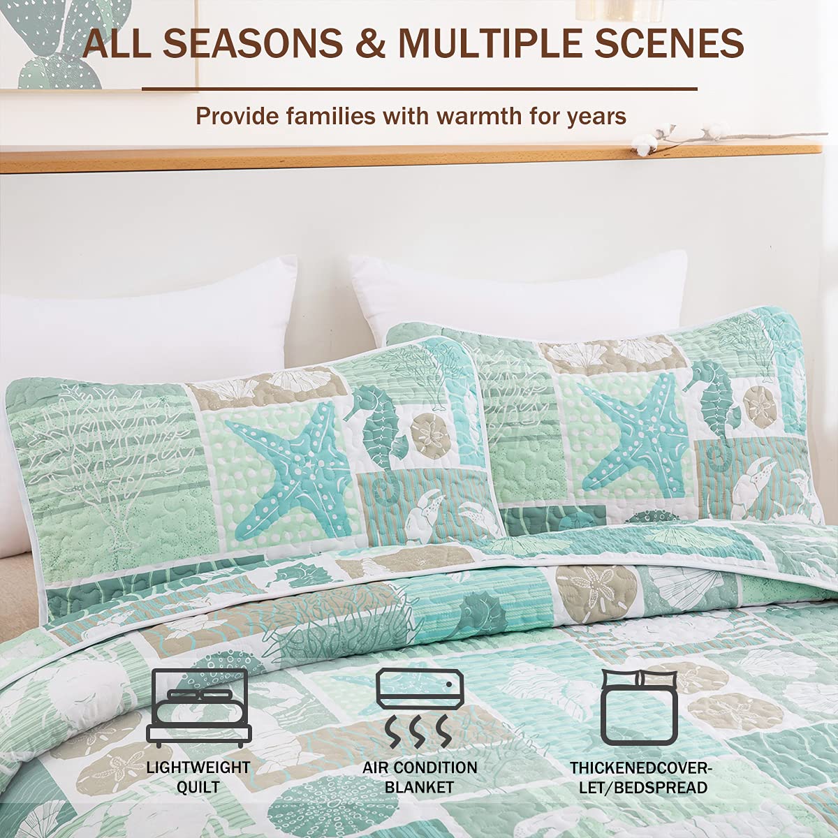 DJY Green Quilt Set Queen Coastal Beach Theme Quilt Coverlet Set Soft Microfiber Reversible Bedspread with 2 Pillow Sham 3 Pieces Coastal Bedding Quilt for All Season 90"x96"