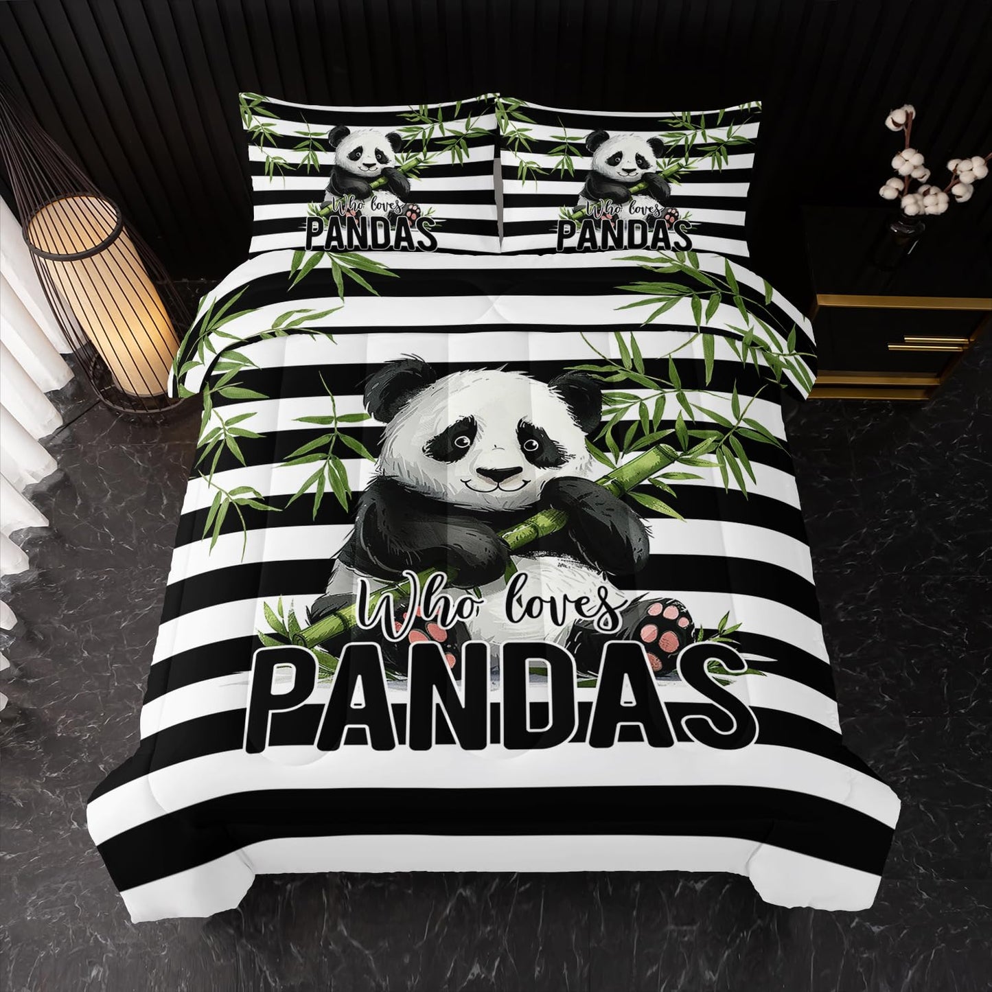 Nttopship Kawaii Panda Bedding Set - Striped Animal Theme Comforter for Girls, Kids, Teens - Twin Size With 2 Pillowcases