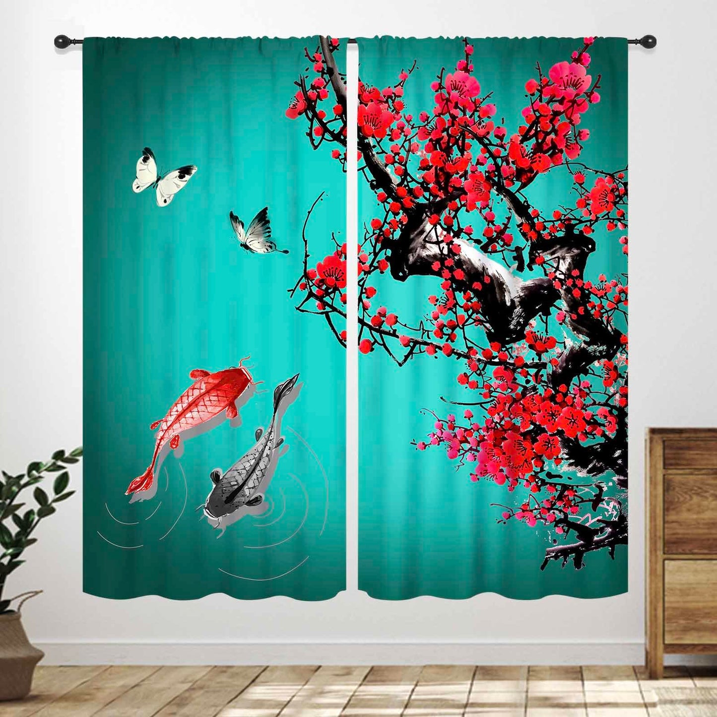 Lnepty Koi Fish Curtains,Asian Style Traditional Japanese Koi Carp Fish Cherry Blossoms Printed Green Retro Landscape Window Drapes Treatments for Bedroom Living Room 21" W x 45" L,2 Panel Set