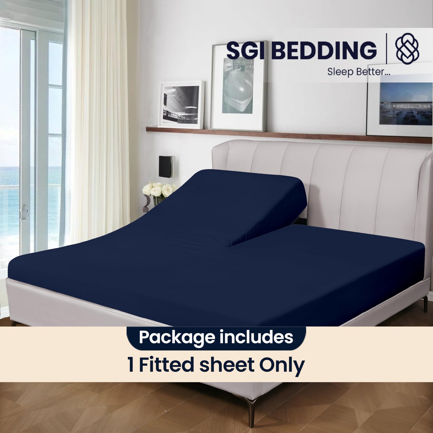 SGI bedding 32" Queen Split Top Flex Head Fitted Sheet ONLY 100% Egyptian Cotton Sheet Flex Top Fitted Sheet for Adjustable Bed 15" Deep Pocket, Sleep Number Bed - Navy Blue