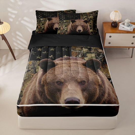 jejeloiu Bear Hunting Camo Zipper Bedding Sets for Kids Boys Girls Rustic Western Bear Twin Comforter Set with Fitted Sheet Green Camouflage Bedroom Decor Microfiber with 2 Pillow Cases