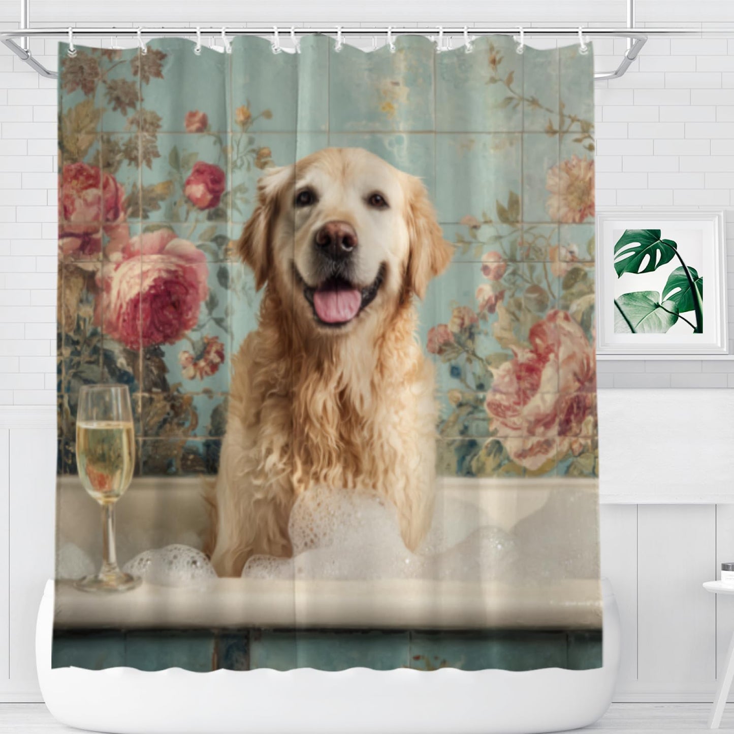 Wordatu Golden Retriever Shower Curtain 72x72 Inch Fabric 12 Hooks Bath Soap Shower Curtain Fun Ocean Teal Green Bathtub Waterproof Polyester