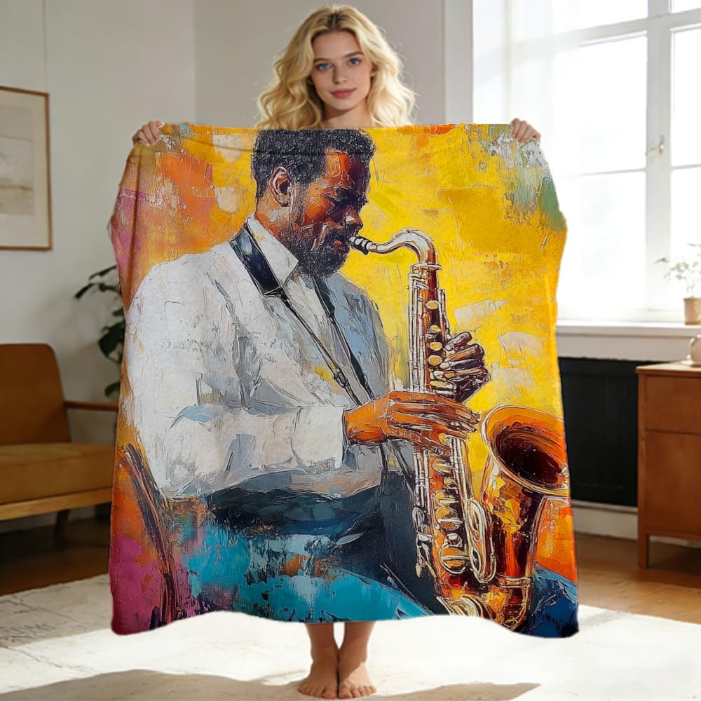 ZHOUSHUTONG African American Music Throw Blanket Black Music Print Super Soft Warm Cozy Flannel Blanket for Couch Bedroom Office Home Decor Gift for Music Lovers 49"x59"